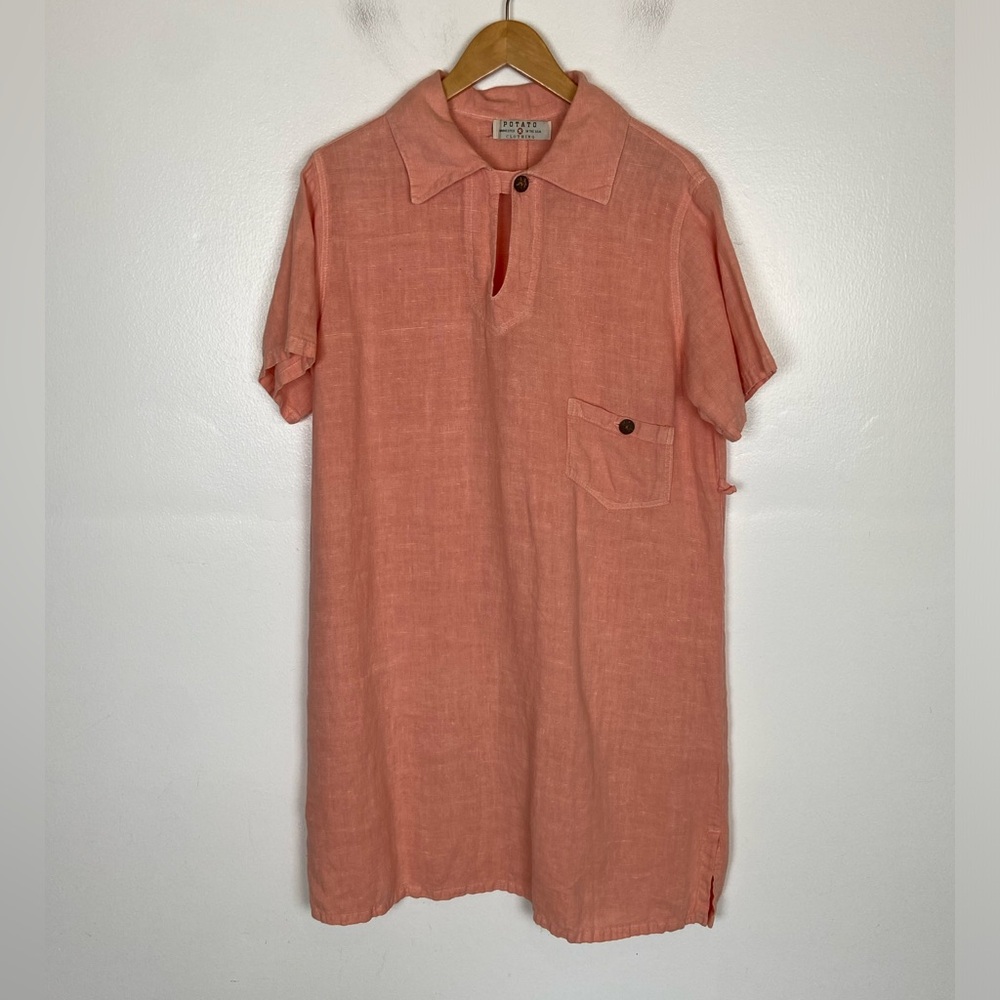 Potato USA Linen Tunic Midi Dress Sz S Coral Vintage Coastal Old Money Lagenlook